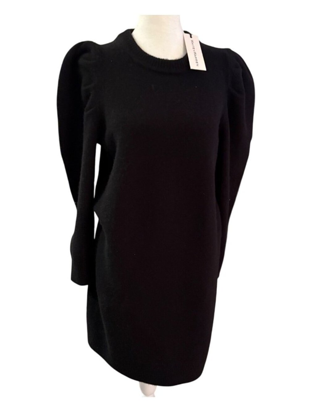 White+Warren Black Cashmere Wool Blend Puff Sleeve Tunic Sweater Dress Knee M